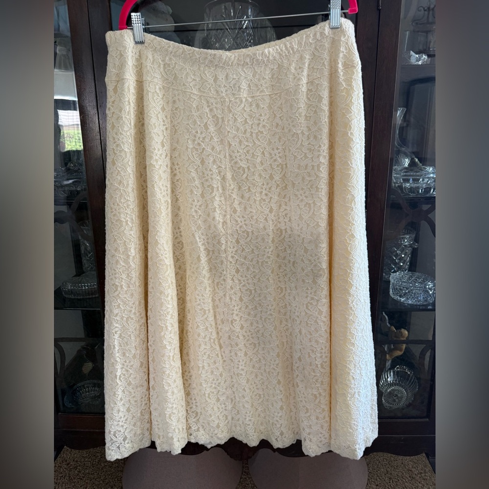 Susan Graver Lace Midi Skirt 2X Cream Lined Elastic Waist Boho Bridal